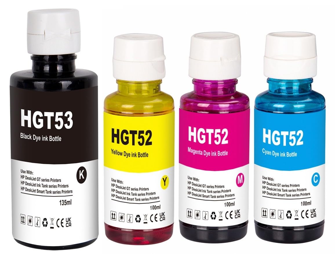 NexNova® ink 4-Pack GT53XL 135ml GT52 100ml for HP Printer DeskJet Smart GT Tank Black Cyan Magenta Yellow