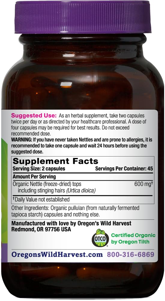 Oregon's Wild Harvest Certified Organic Nettle Capsules with Stinging Hairs, Allergy Supplement, 600 mg, 90 Capsules — Amazon image 2