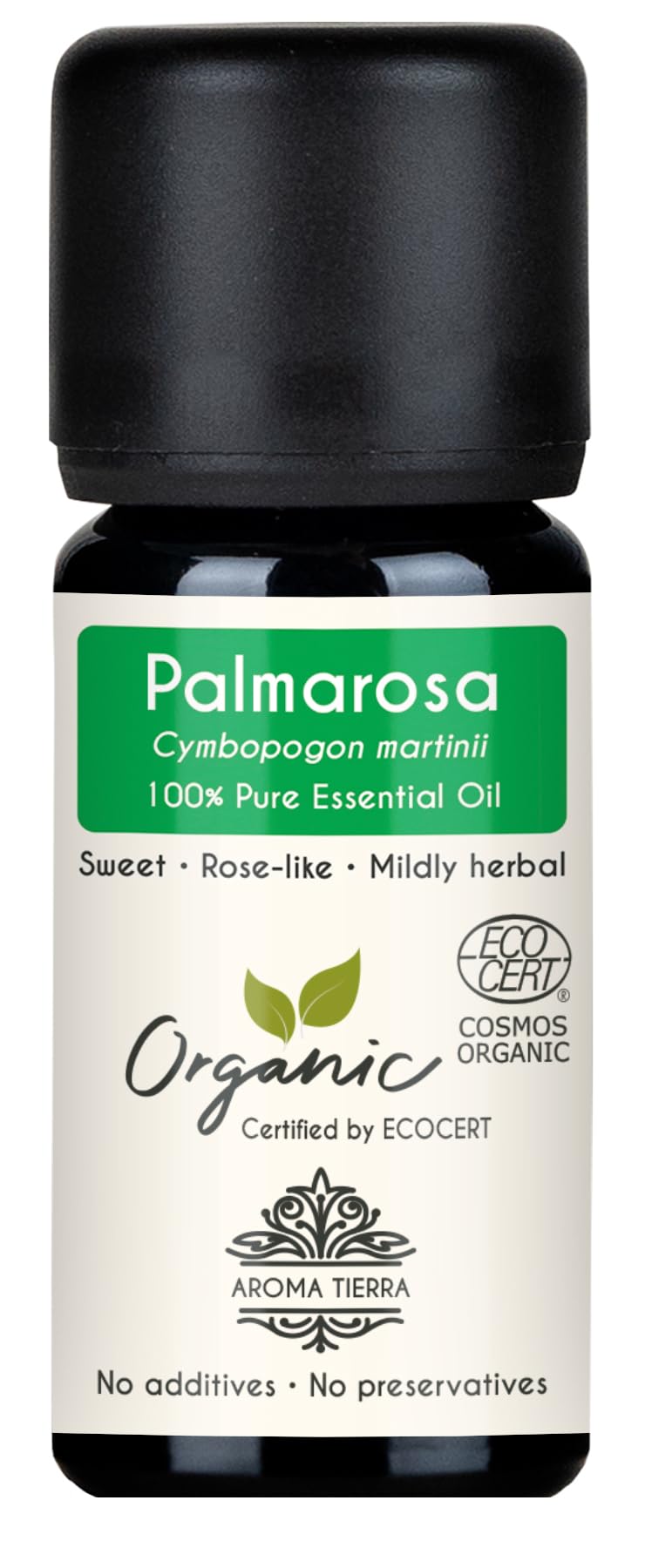 Aroma Tierra Organic Palmarosa Essential Oil 10ml - 100% Pure – Fresh, Rosy & Sweet Aroma - For Skin Care, Diffuser, Aromatherapy & Perfumery