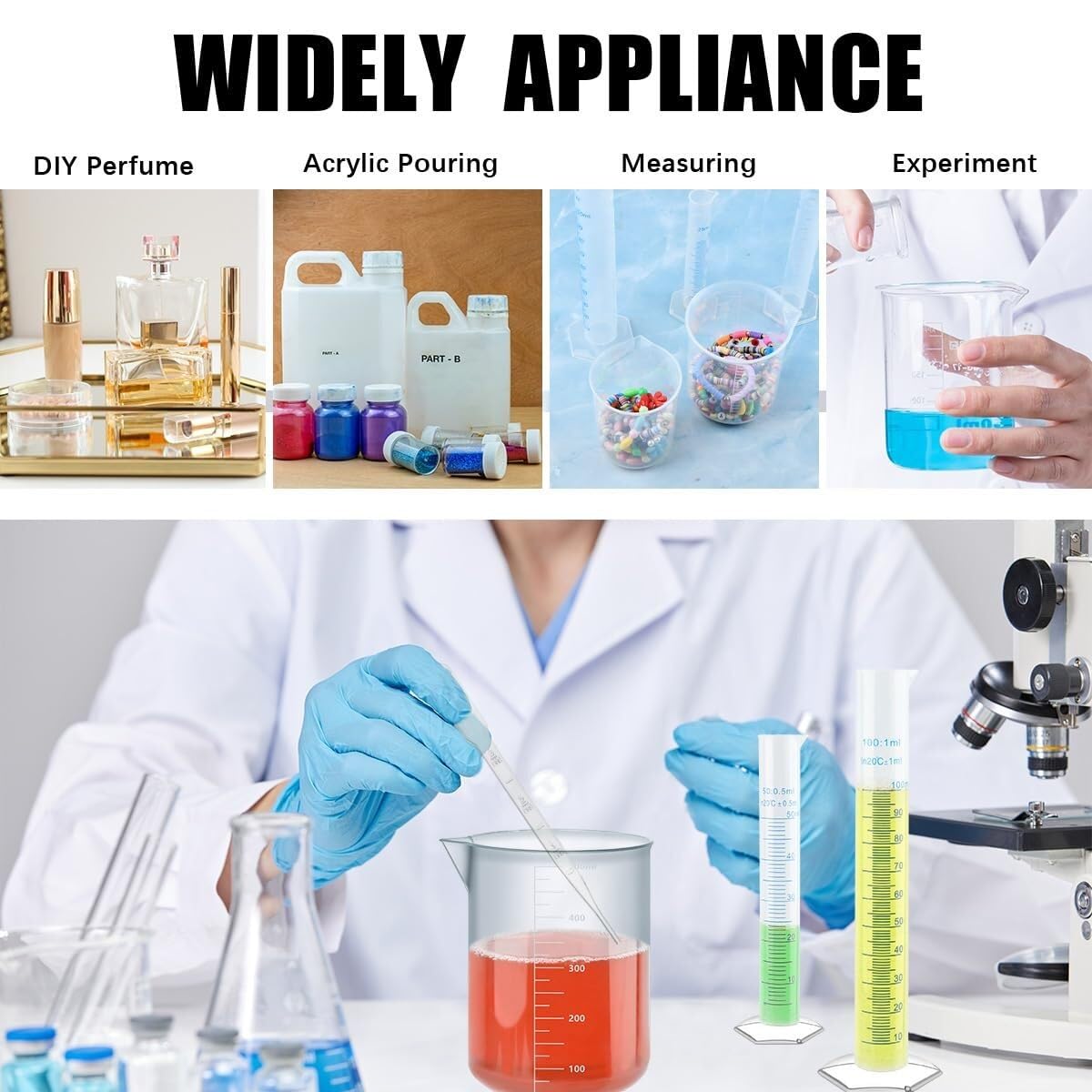 Set de Cilindros de Medida 15 Piezas, Cilindros Graduados de Plástico y Vasos con Pipetas y Cepillo para Laboratorio y Cocina