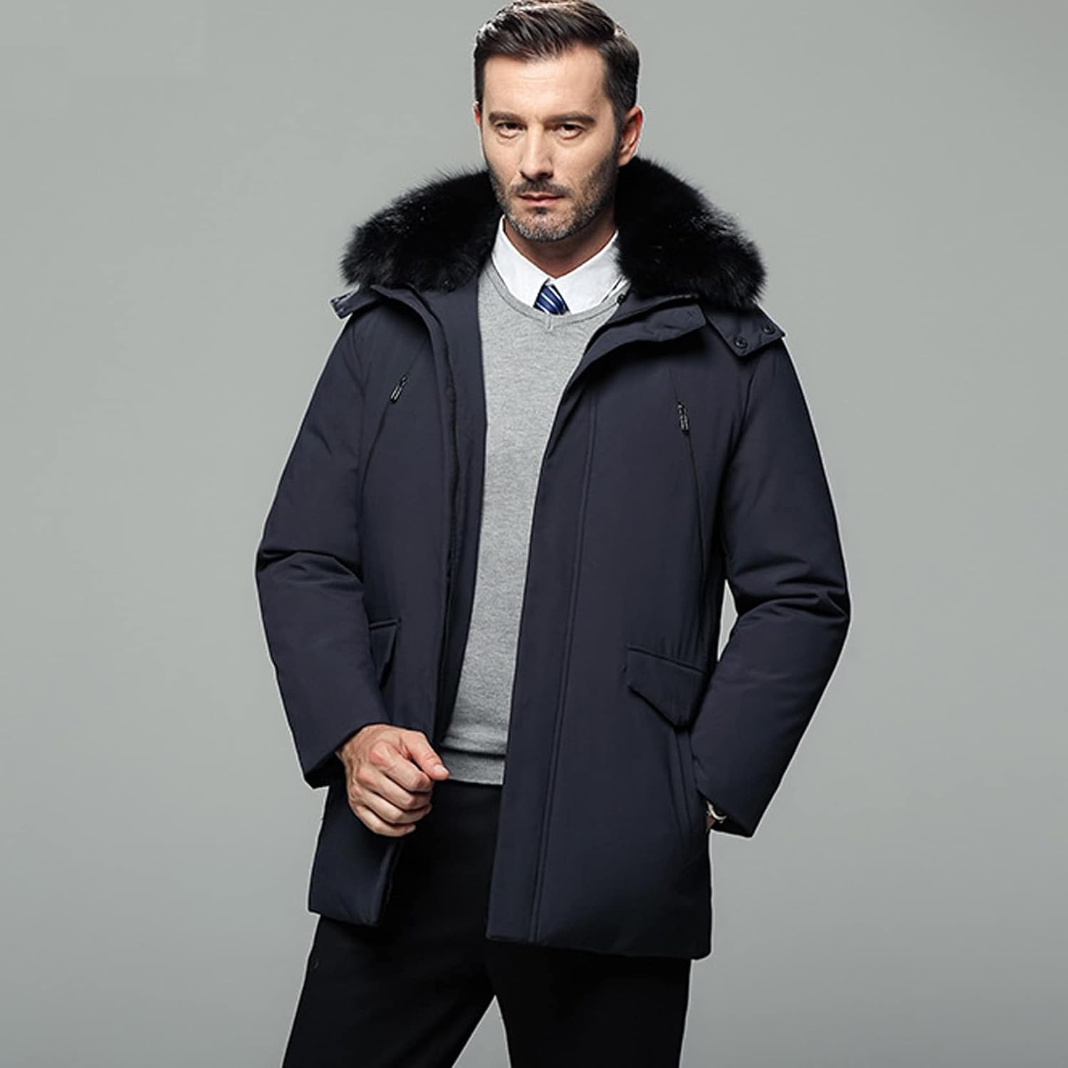 Men's Puffer Jacket with Removable Hood And Fur Collar, Winter Parka paded Quilted Coat, White Duck Down Fill