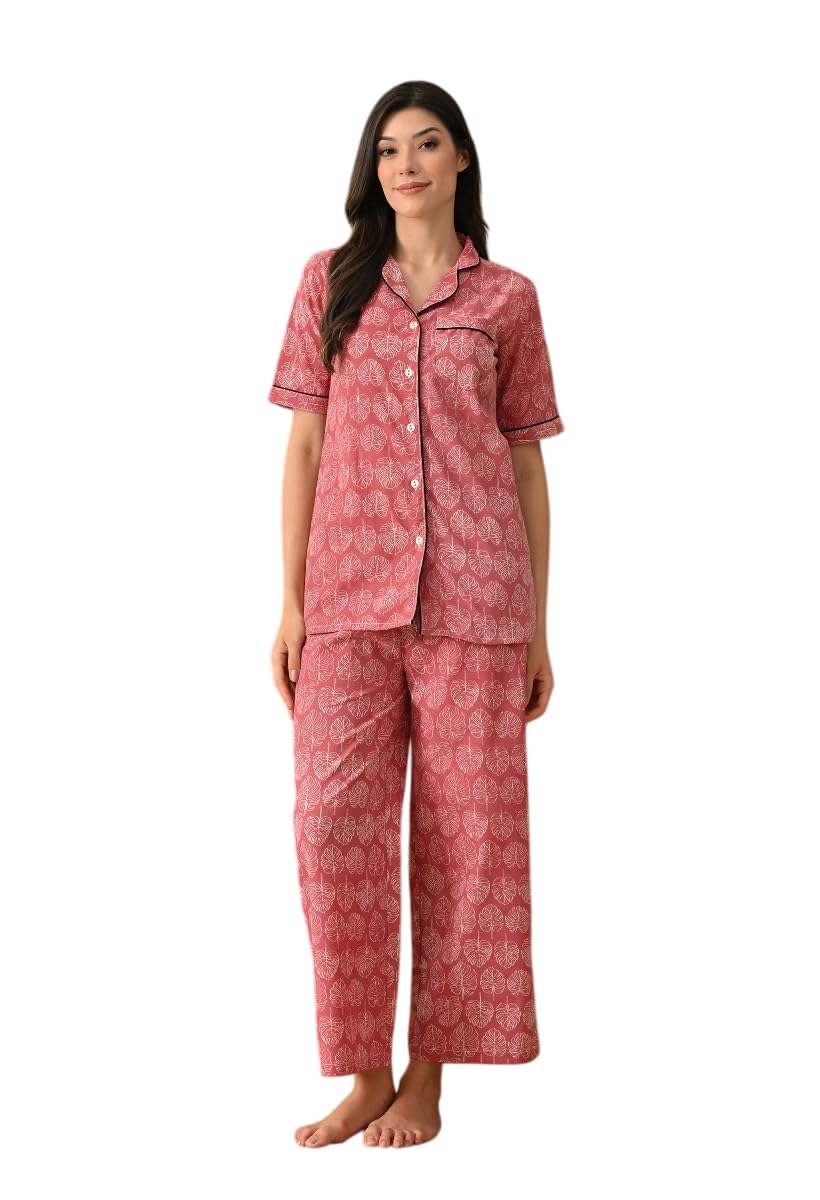 Women's Cotton Floral Printed V-Neck Night Suit Set of Top & Pyjama Night wear Dress (Maroon)-picture-11