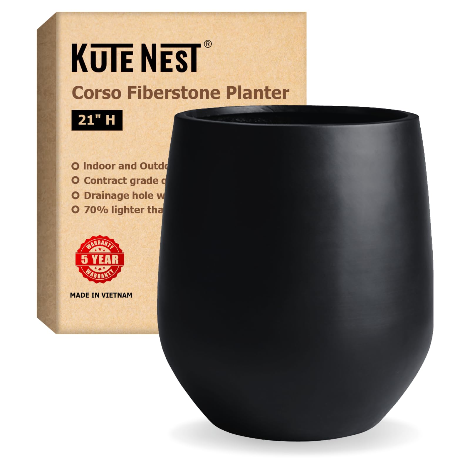 Corso 21" H x 19" D Fiberstone Premium Large Planter, (Black), 15" Pot Opening, Round Tapered Drainage Pots, Large Modern Porch Planters for Indoor and Outdoor use.
