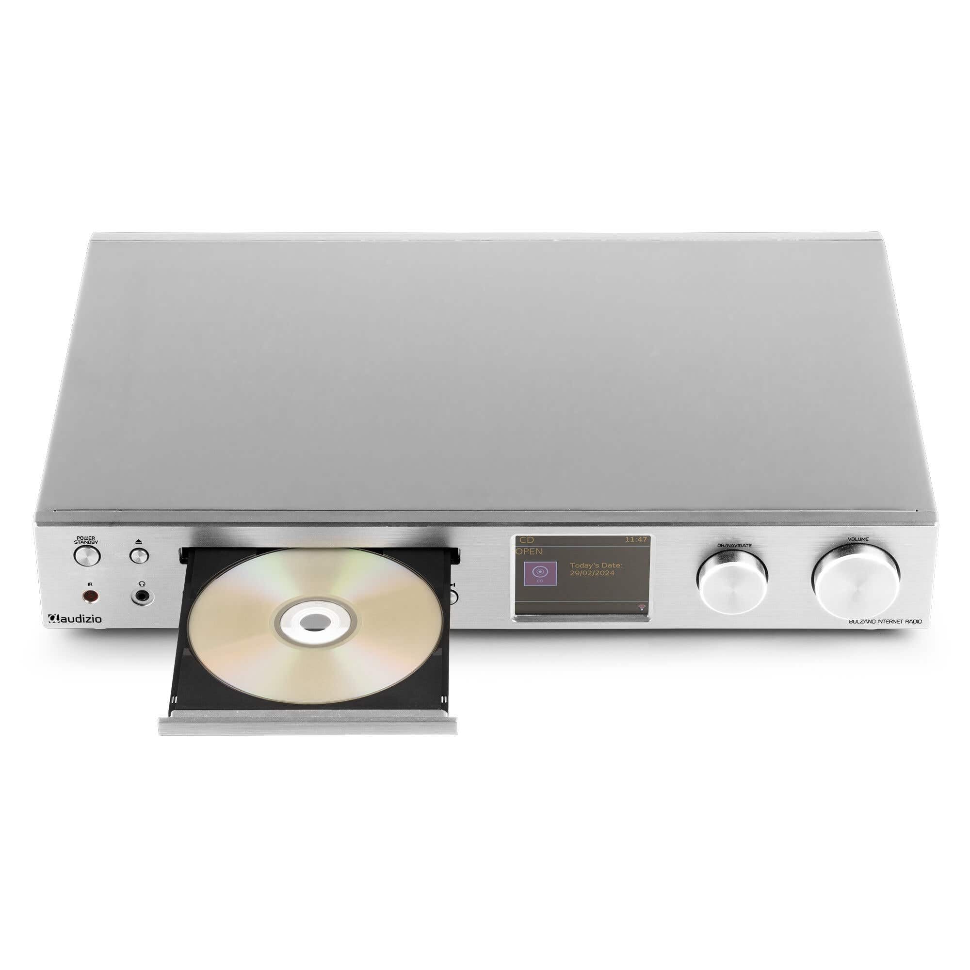 Audizio Bolzano, Internetradio WLAN, DAB Radio mit CD-Player, Spotify Player, Receiver 2x50 Watt, Bluetooth, Wecker, Fernbedienung, App-Steuerung, Toslink, Subwoofer-Anschluss, DAB+ FM, Silber