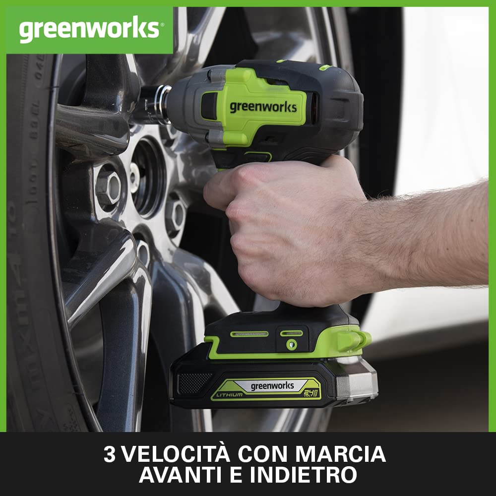 Greenworks GD24IW400 Bullonatrice a Impulsi a Batteria con Motore Brushless, 0-2800 giri/min., 0-4000ipm, 400Nm di Coppia, Attacco da 1/2" (1,27cm) SENZA Batteria 24V e Caricabatterie, Garanzia 3 Anni