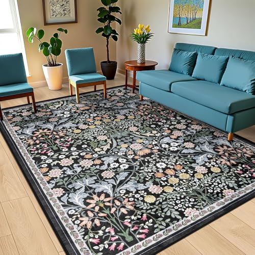 8x10 Area Rugs for Living Room: Floral Washable Rug Vintage Large Soft Boho Non-Slip Carpet Indoor Stain Resistant Low Pile Carpets for Bedroom Dining Room Farmhouse Nursery Home Office Dark Black by PLHXFR - Image 2