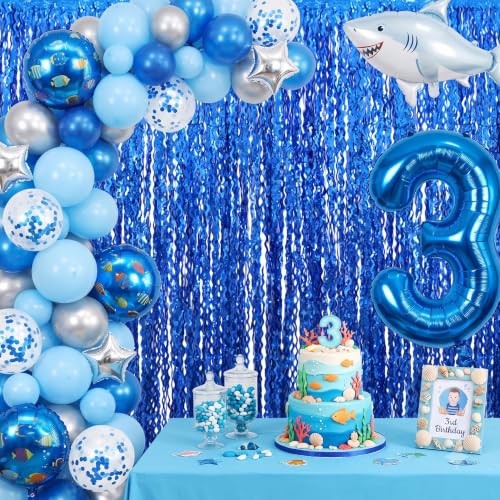 Image of TONIFUL 2Pcs Wavy Deep Blue Metallic Foil Fringe Curtain Laser Streamers | 3.3ftx6.6ft Ocean Themed Baby Shower Photo Booth Backdrop Door Streamer for Birthday Under The Sea Summer Pool Beach Party