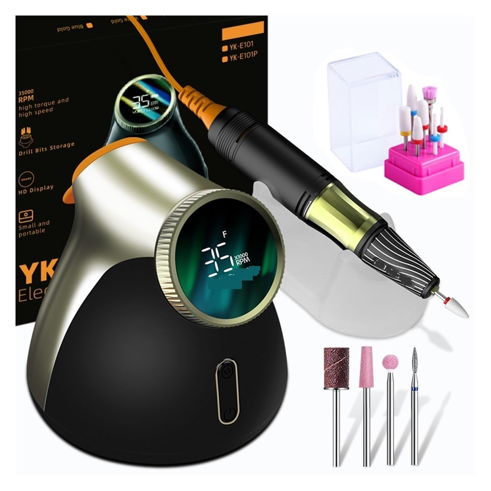 Nagelfräser, Professionelle elektrische Nagelbohrmaschine, 35000 U/min bürstenlose Nagelbohrmaschine for Maniküre, Bohrer-Set, Acryl-Gel-Nagellack-Nagelschleifer(Black-Set B)