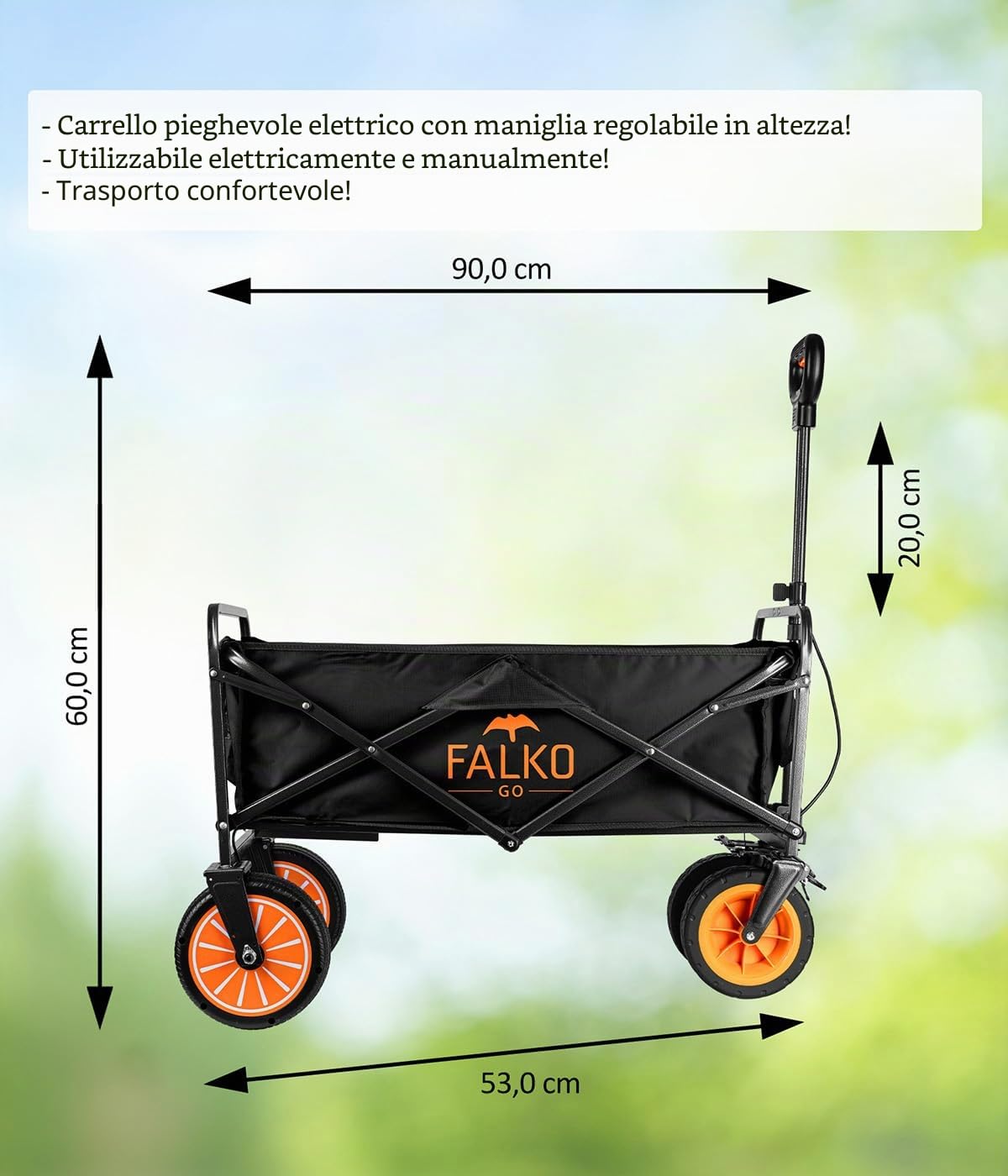 FALKO GO Carrello elettrico pieghevole, pneumatici larghi su tutte le superfici, carrello a mano con motore, carrello da giardino, da spiaggia per escursioni e campeggio, pieghevole