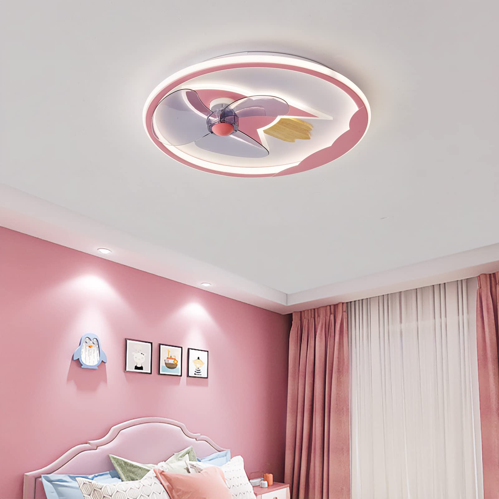 Children's Ceiling Fans with Lights and Remote, Dimmable LED, Silent Reversible 6 Speed Timer, Chandeliers with Fan for Kids' Bedroom - Rocket Design, APP Control