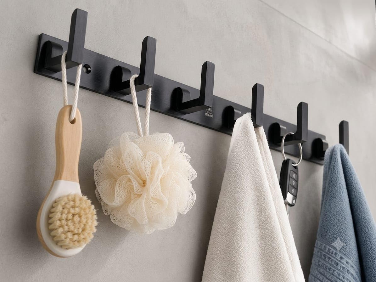 iSTAR 6 Pin Wall Hook Rack β Pack of 3 (Black) | Heavy-Duty Metal Wall Mounted Hooks | Bathroom, Bedroom, Kitchen & Entryway Organizer 2