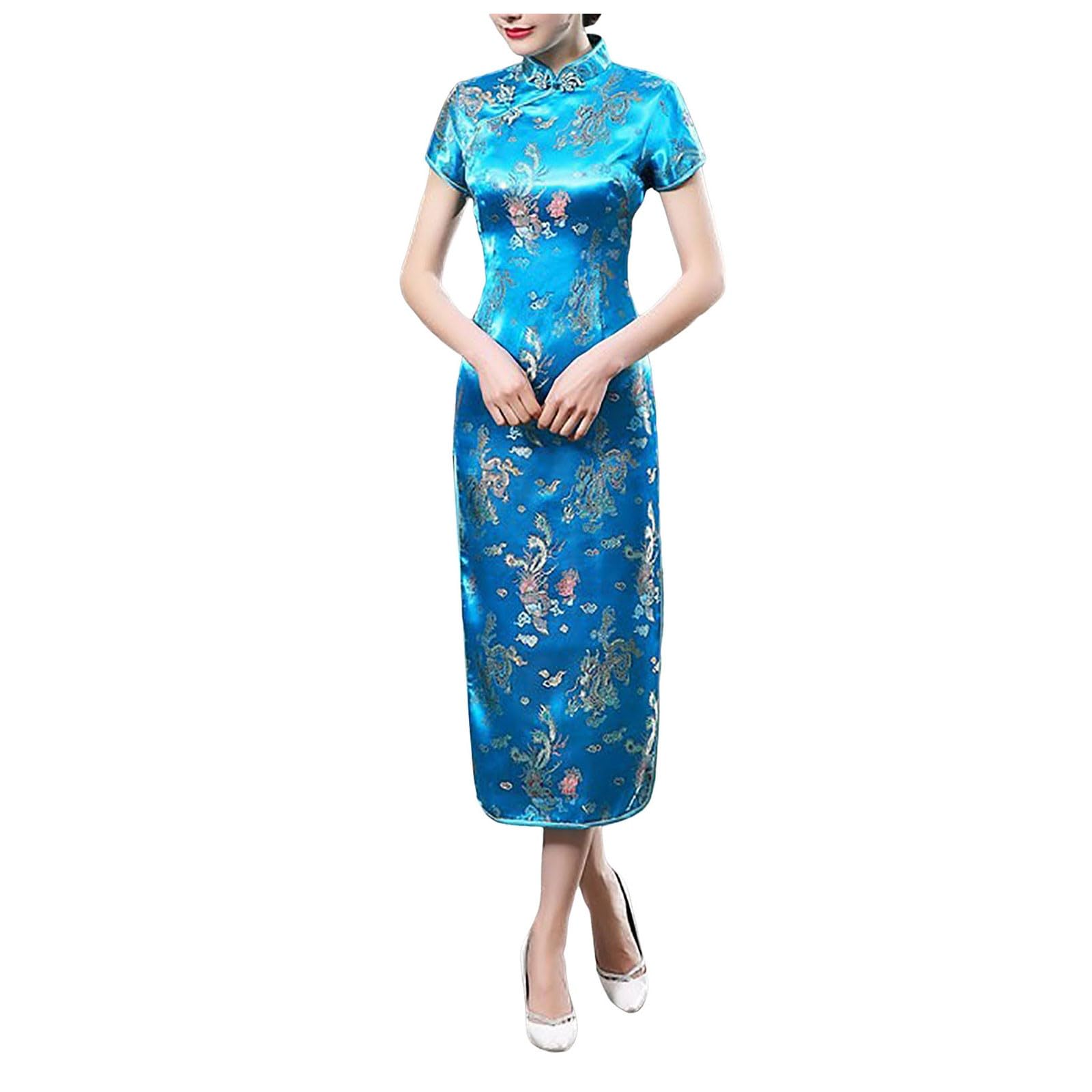 BerimaterryCheongsam Dress for Women UK Traditional Chinese Dress Side Slit Slim Fit Midi Dress Mandarin Collar Short Sleeve Qipao Retro Long Printed Bodycon