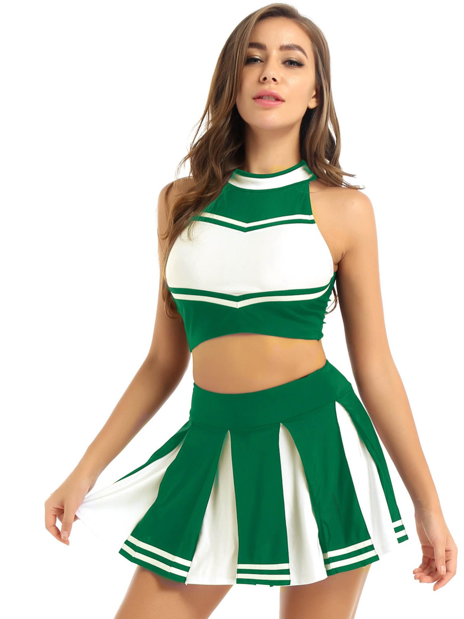 iEFiEL Set Tuta da Cheer-Leader per Donna Costume da Cheerleading Zipper Crop Top senza Manica Gonna a Pieghe Fiori 2 pcs per la Gara di Danza Competizione Partito