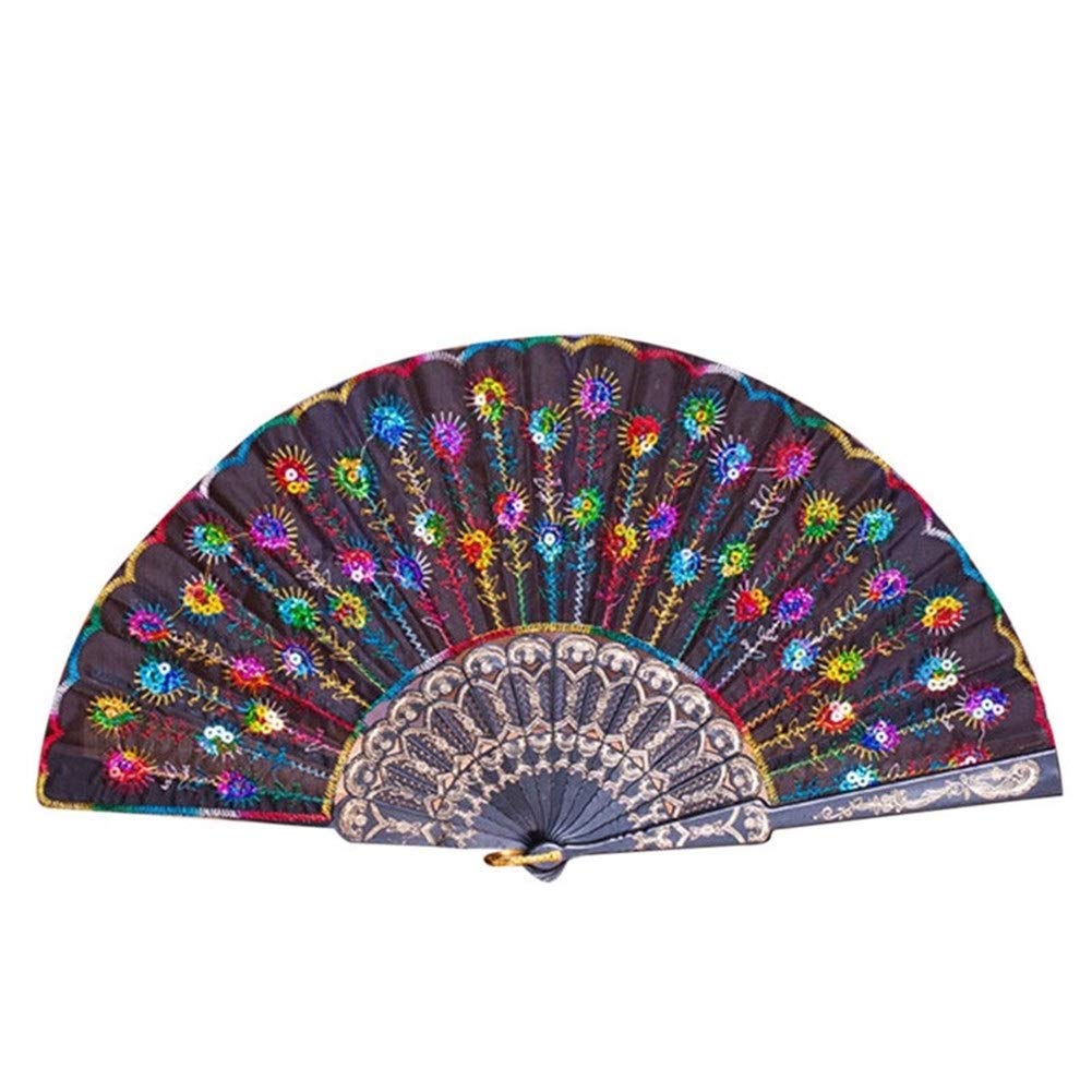 NZPOST Folding fan Peacock Pattern Folding Hand Held Fan Embroidered Sequin Party Wedding Prom Chinese Spain Hand Fan Folding fan (H)