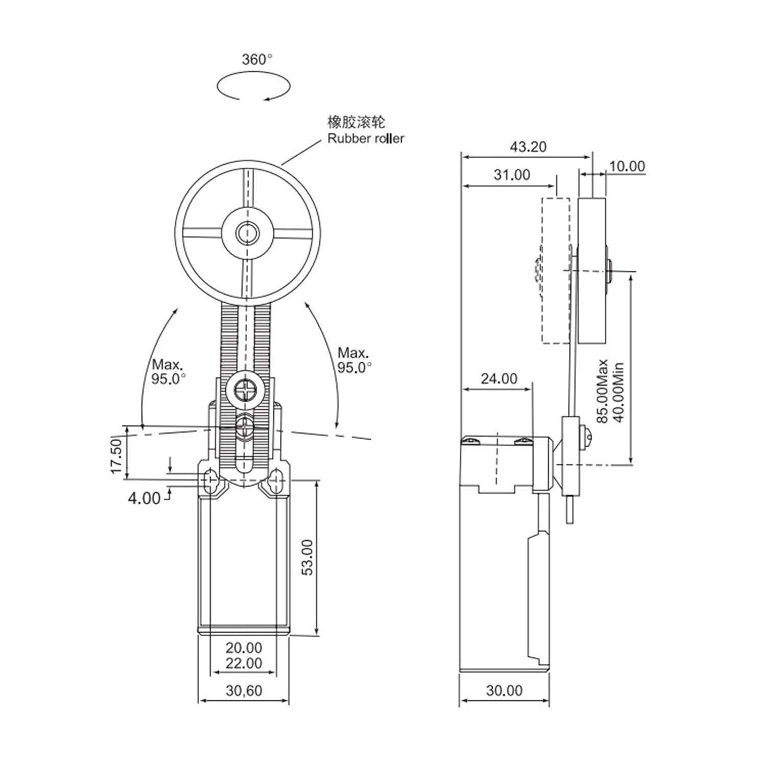 CLS-191 10A 380V Adjustable Rocker Lever Limited Switch 1NO 1NC Plastic Roller Micro Switches 1Pcs