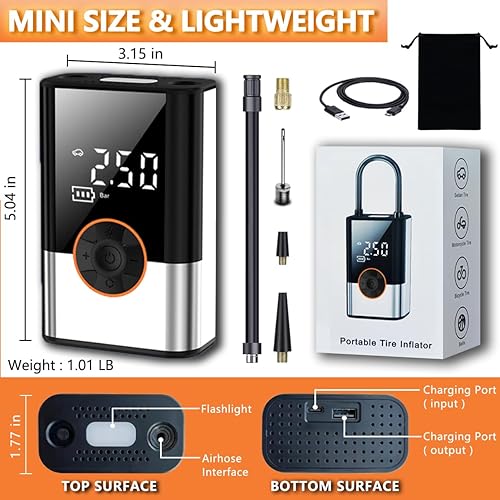 Miniatura 9 de Inflador de neumáticos, compresor de aire portátil para neumáticos de automóvil, mini inflador de neumáticos inalámbrico de 150 PSI, inflado de