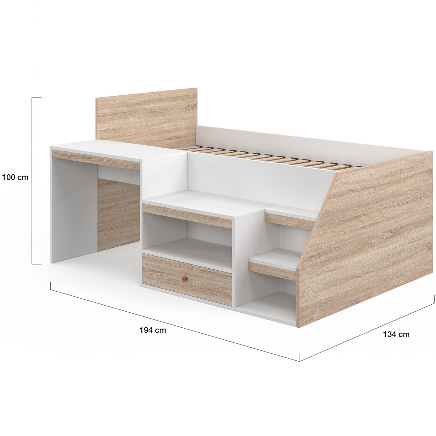 IDMarket - Lit combiné avec sommier, Bureau et Rangement Leopold 90 x 190 cm hêtre et Blanc