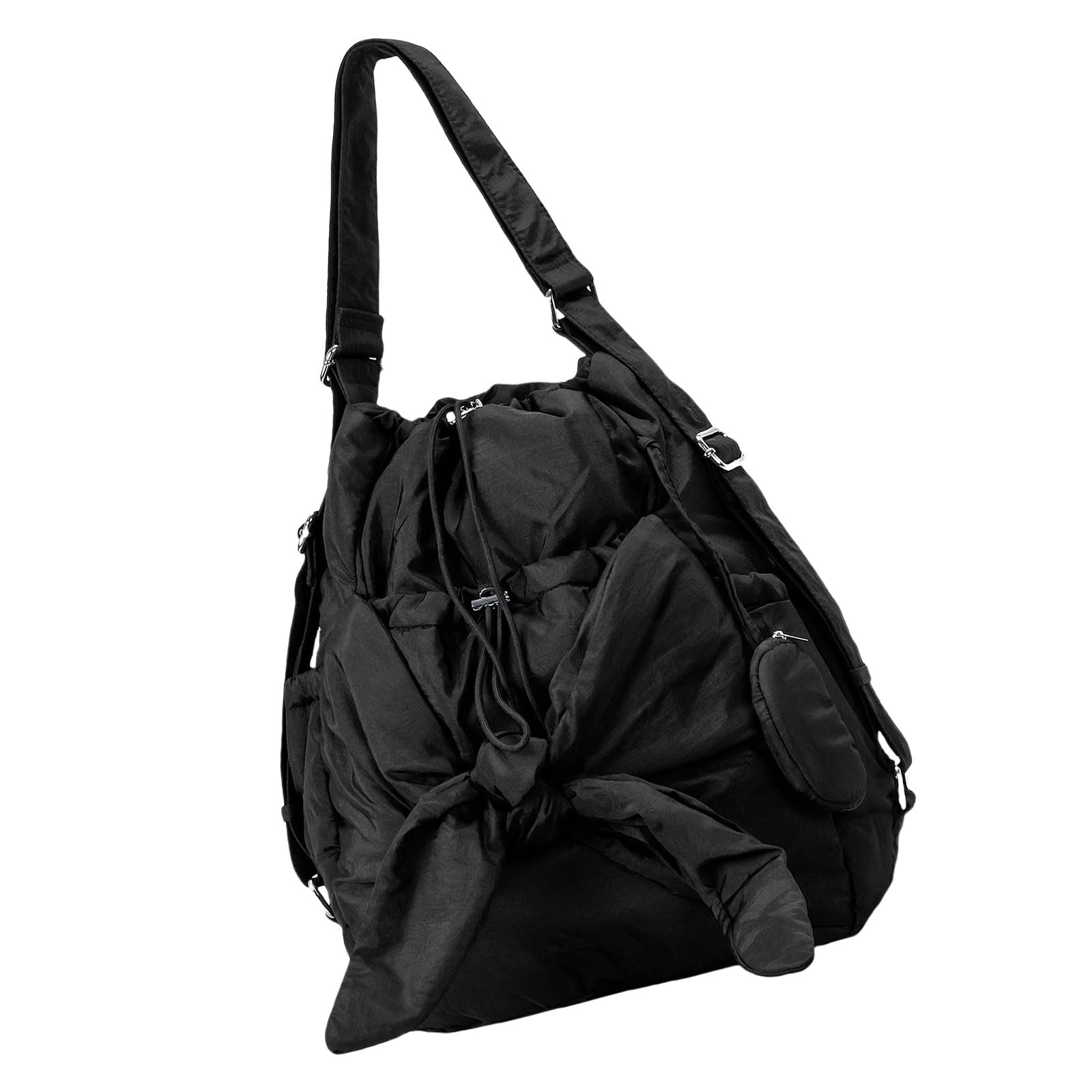 Borsa A Tracolla In Nylon Da Donna Casual A Secchiello Con Coulisse Tasche Multiple E Tracolla Regolabile. Coulisse Alla