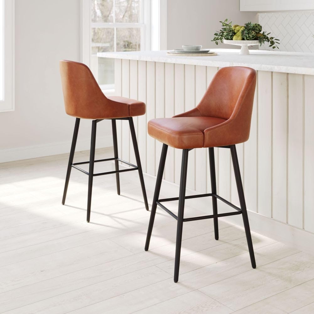 Set of 2 Bar Chairs 28 Inch Seating Height PU Leather Counter Height Barstool with Back (2, Tan Irish Fixed Legs) (2, Tan)-image-24