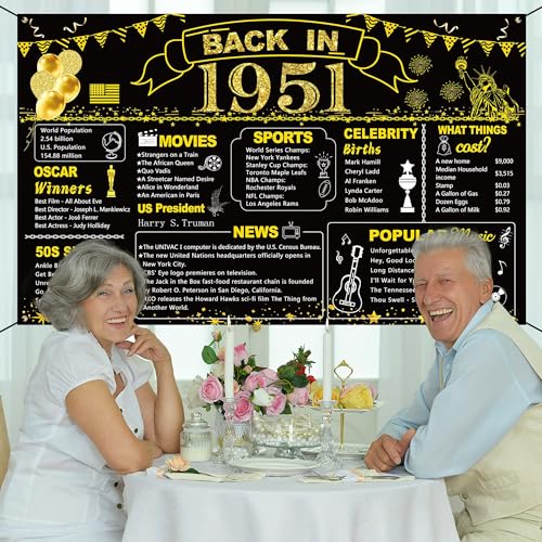 Image of DARUNAXY 75th Birthday Black Gold Party Decoration, Back in 1951 Banner 75 Year Old Birthday Party Poster Supplies Vintage 1951 Backdrop Photography Background for Men & Women 75th Class Reunion Decor