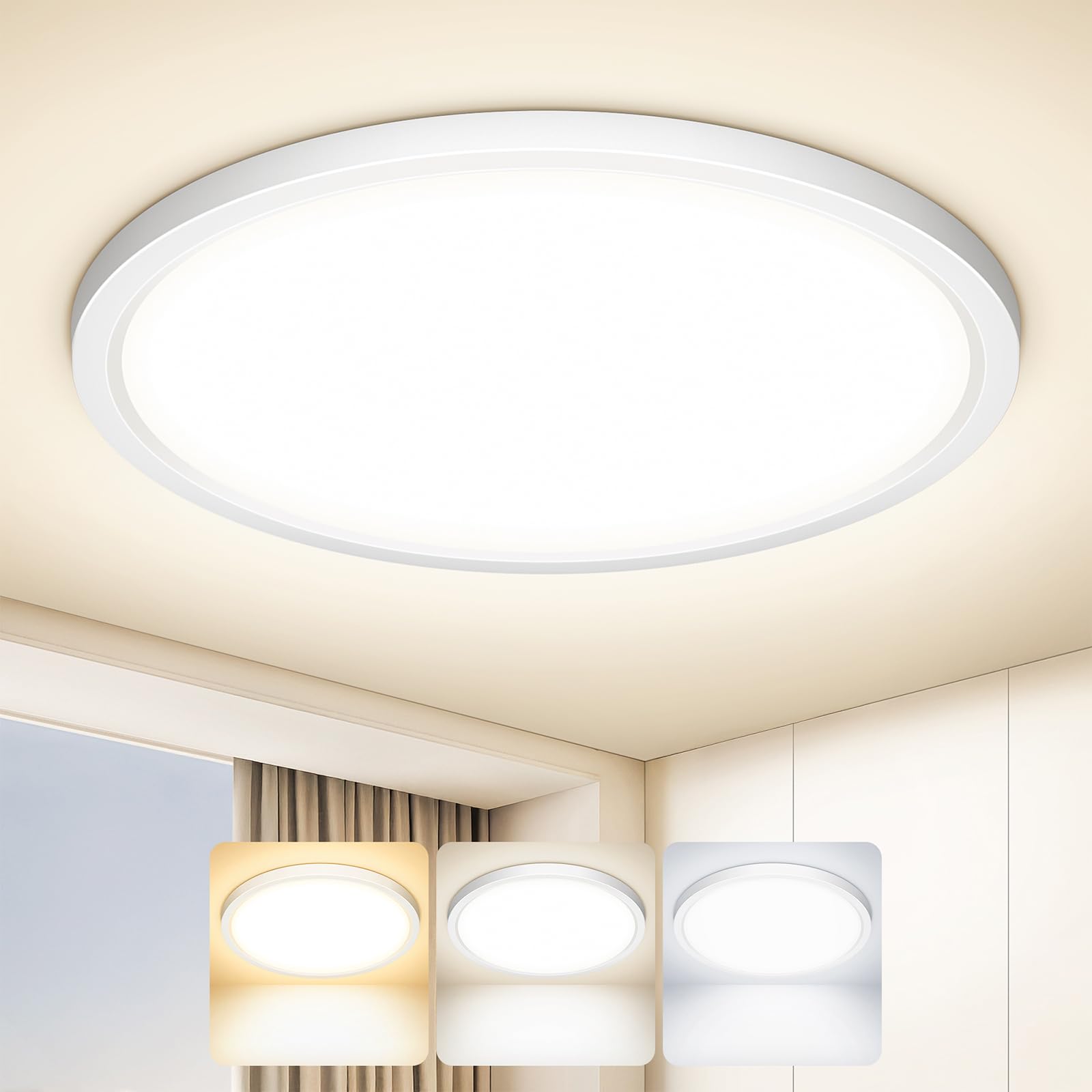 Tyreses Deckenlampe LED Deckenleuchte Flach Rund, 1800LM Ultradünn Lampe Decke, 3000K/4000K/6500K, Modern IP44 Wasserfest Badlampe für Wohnzimmer,Badezimmer,Schlafzimmer,Küche,Flur,Ø22CM