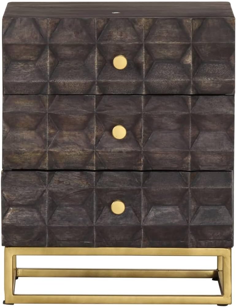 Industrial Bed Cabinet with 3 Drawers, Solid Mango Wood and Powder-Coated Steel Legs in Black and Gold Finish for Modern Bedroom or Living Room Storage