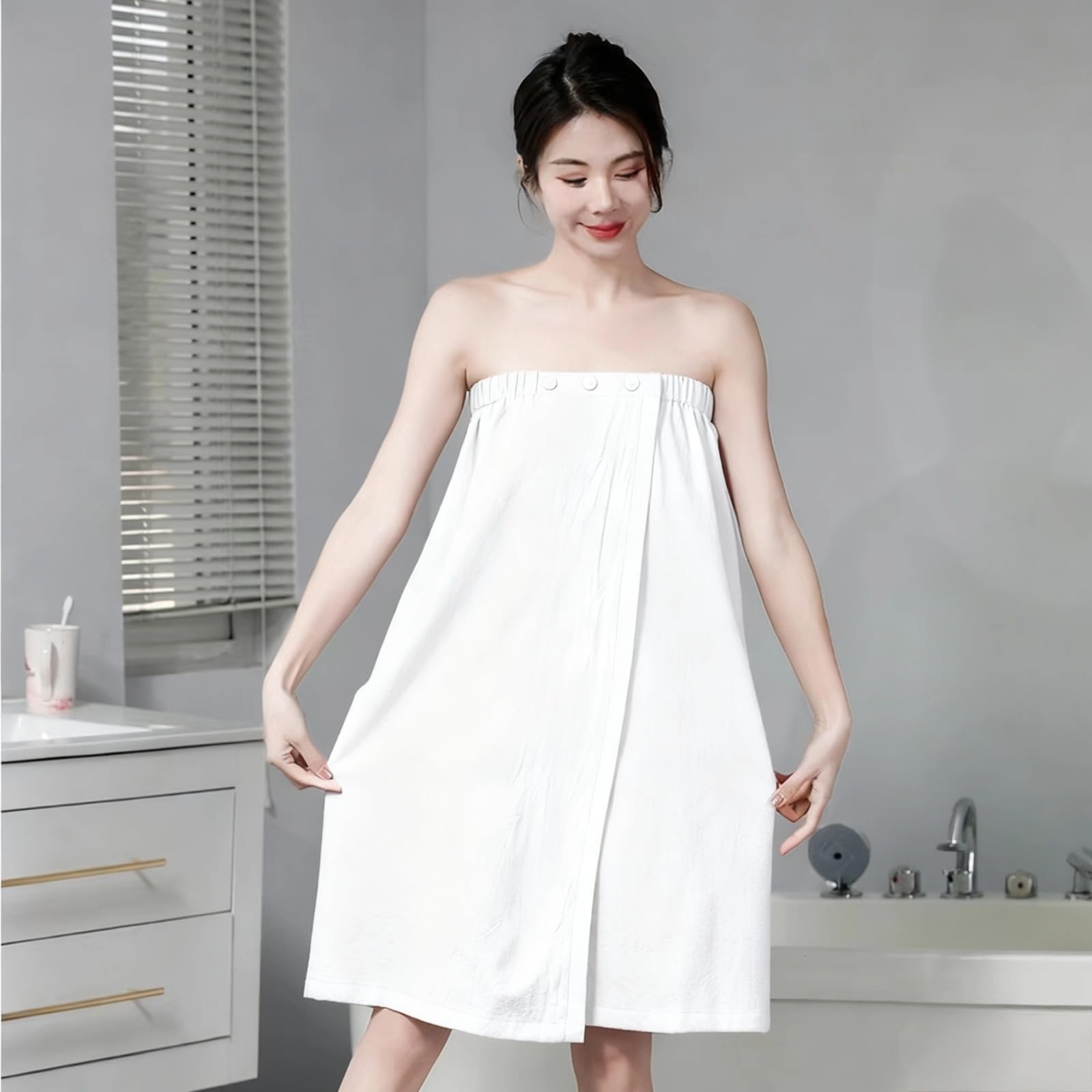 Generisch Damen Waffel Spa Bade-Wrap in Weiß, leichtes schnell trocknendes Handtuch-Wickelkleid, Verstellbarer Druckknopfverschluss, Einheitsgröße, bequem für Dusche und Bad