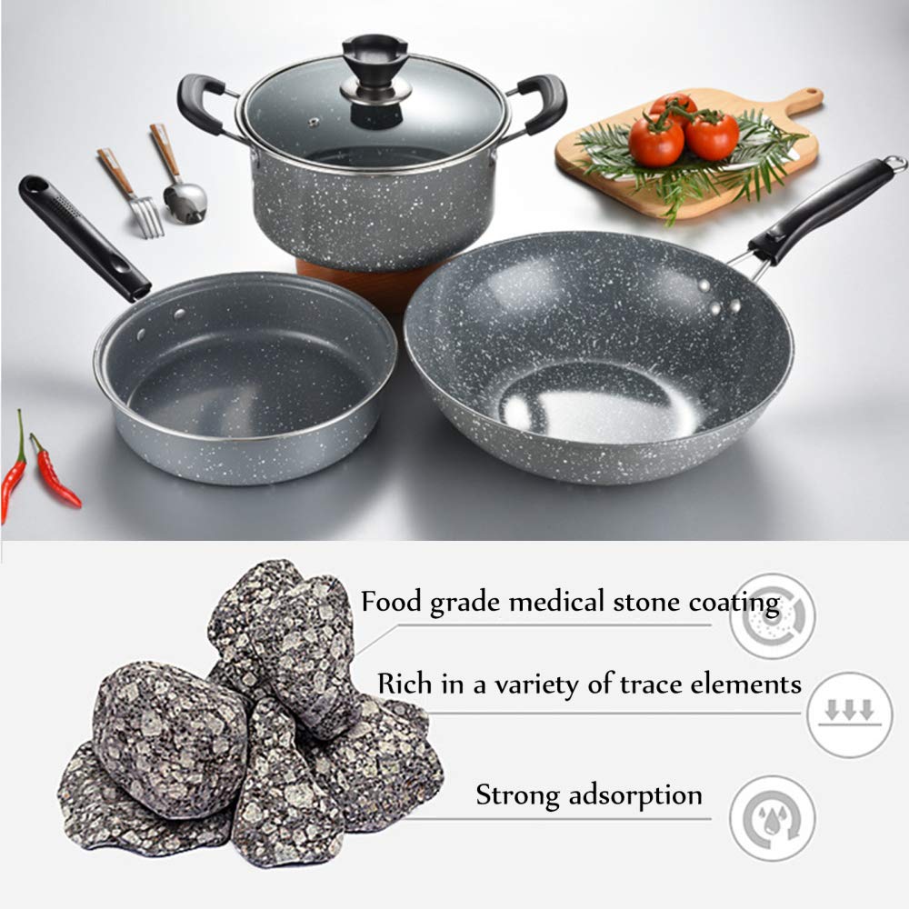 Pentola Cucina, Set pentole antiaderenti, pentole padelle in Pietra Maifan, Set padelle casseruole Adatti a Tutti i fornelli, Inclusa l'induzione, 3 Pezzi