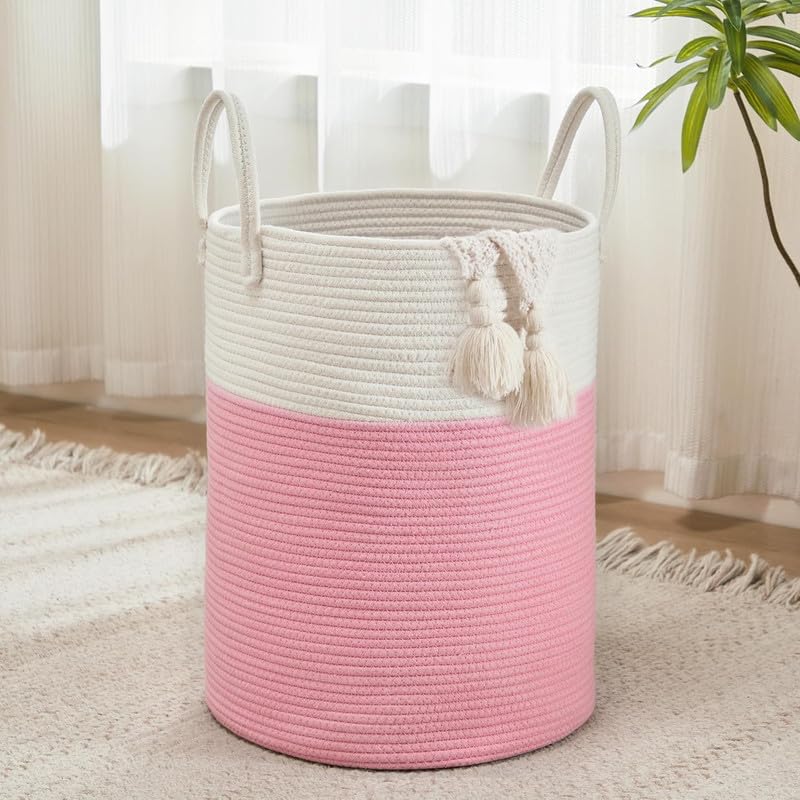 Image of Storage Cotton Rope Basket and Laundry Hamper for Dirty Clothes, Towels, Blankets, Pillows Storage in Living Room, Laundry Room and Bedroom (Pink White, 14x18 Inch)