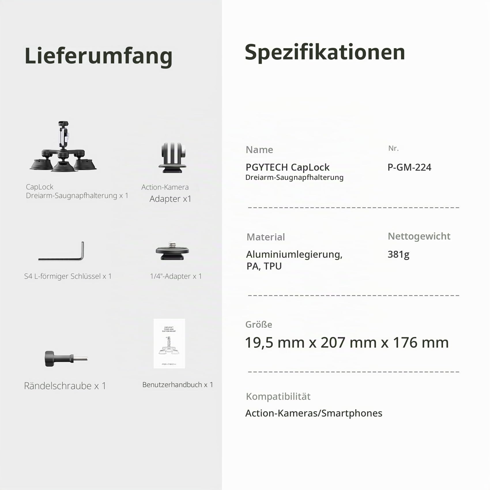 PGYTECH CapLock Dreifach Saugnapf Halterung, Actioncam Auto Halter
