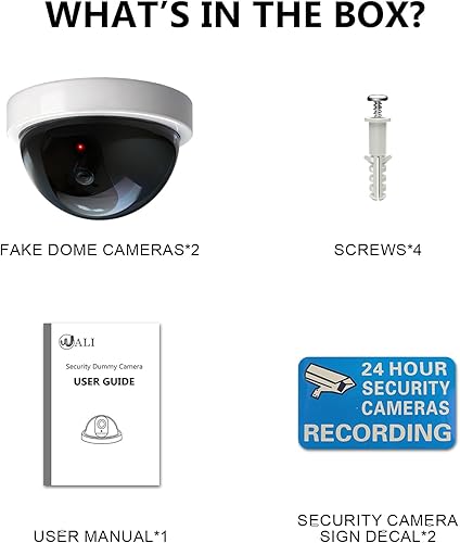 Miniatura 8 de WALI Cámara domo de seguridad falsa con luz LED roja intermitente con calcomanías adhesivas de alerta de seguridad (SDW-2), 2 paquetes, color blanco