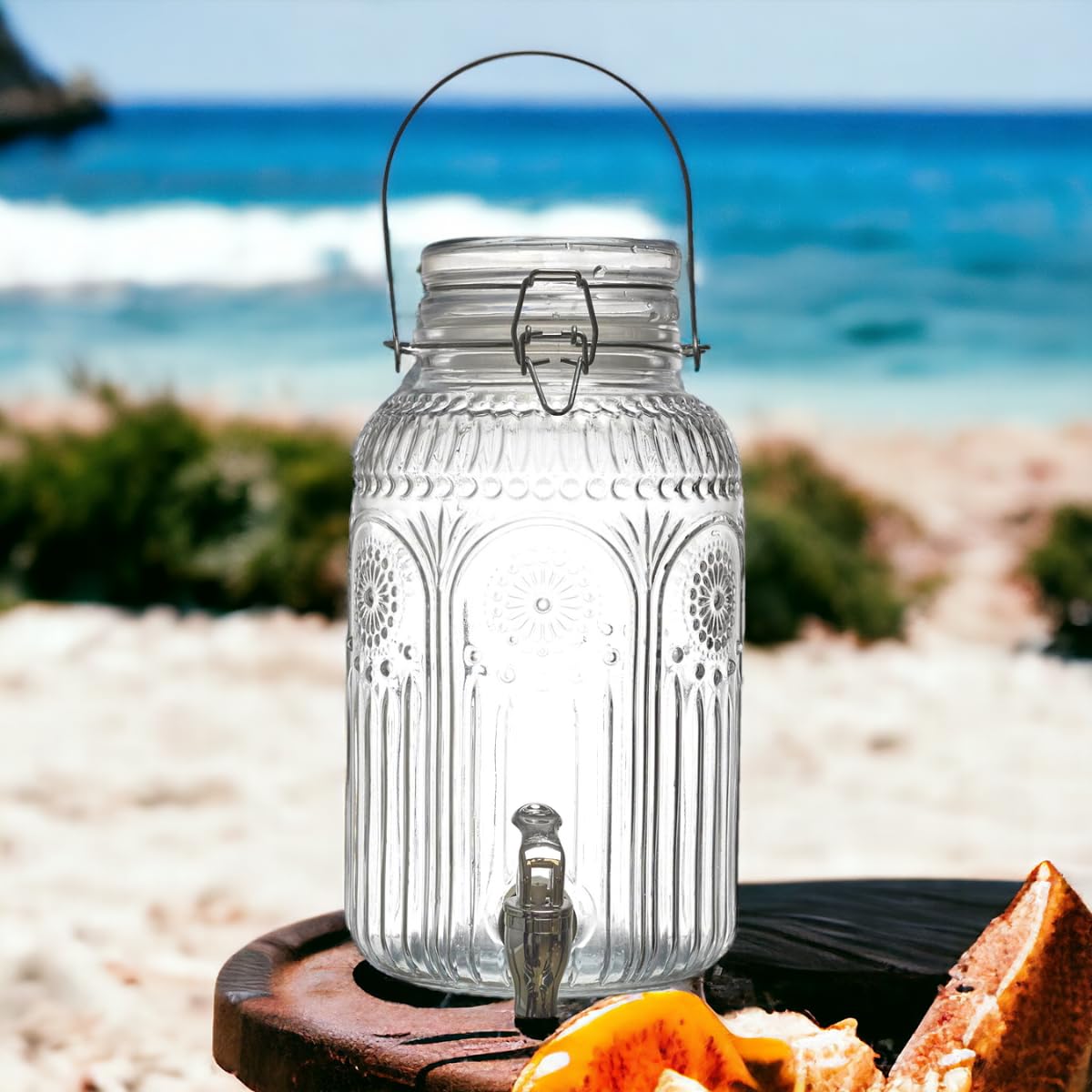 Distributeur Boisson avec Robinet 4 L - Fontaine à Eau et Cocktail en Verre - Jarre pour Fêtes et Anniversaires