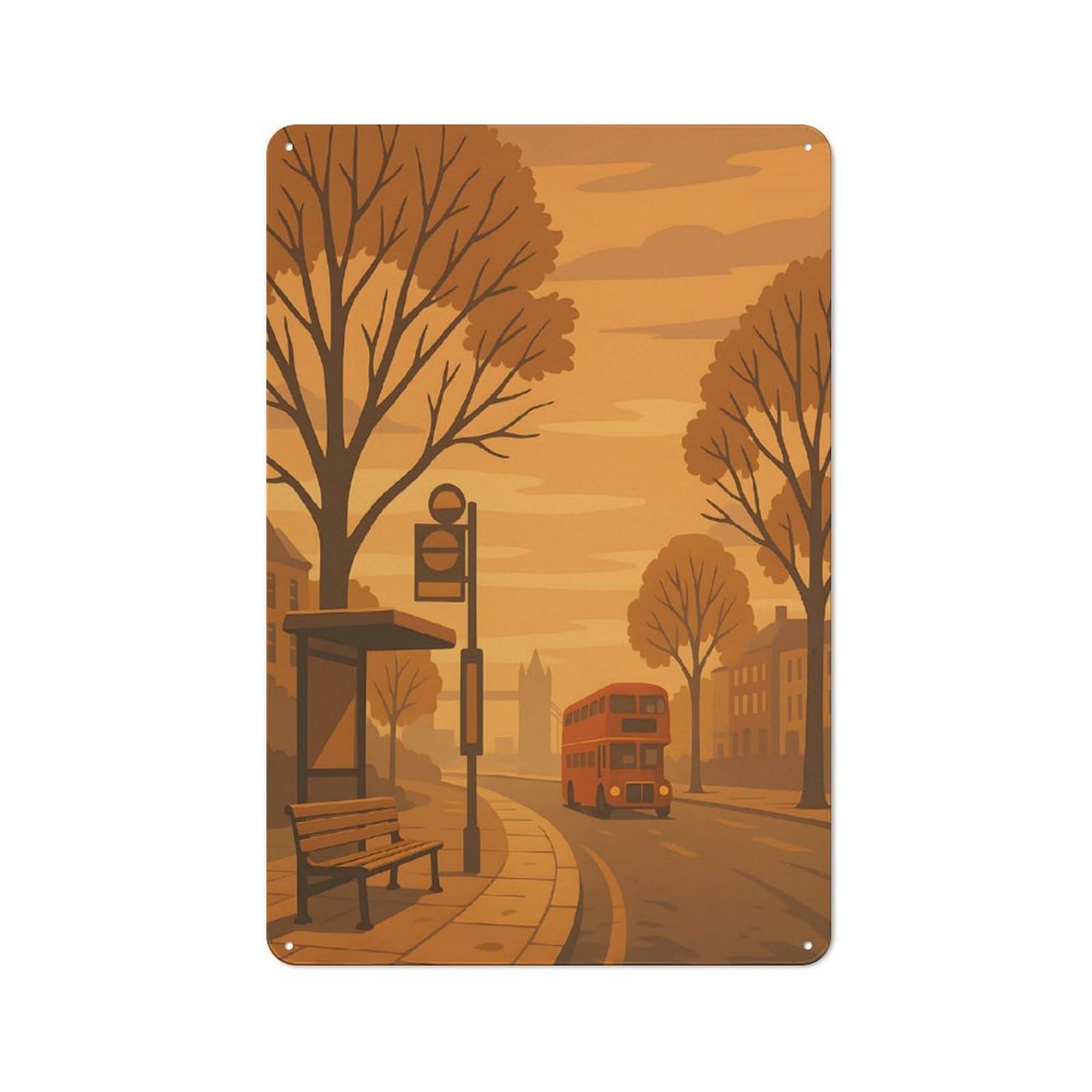 Junmoney London Bus Stop Illustration Printed Metal Sign 30X20cm For Hobby Room Or Studio, For Creative Interior Collectors