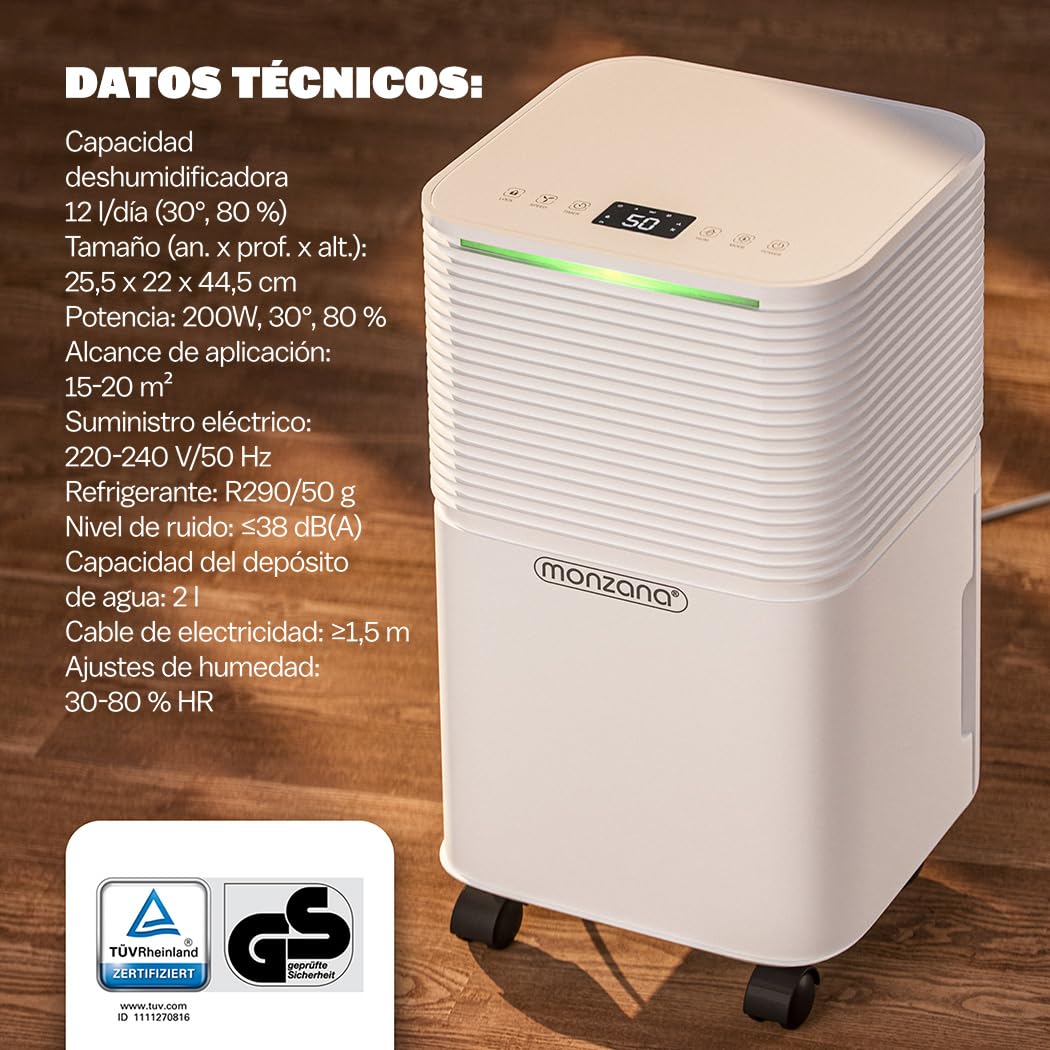MONZANA® Deshumidificador Eléctrico 12L/día Habitaciones 15–20m² Pantalla LED Purificador Aire Temporizador 24h Ruedas Antihumedad Hogar Oficina