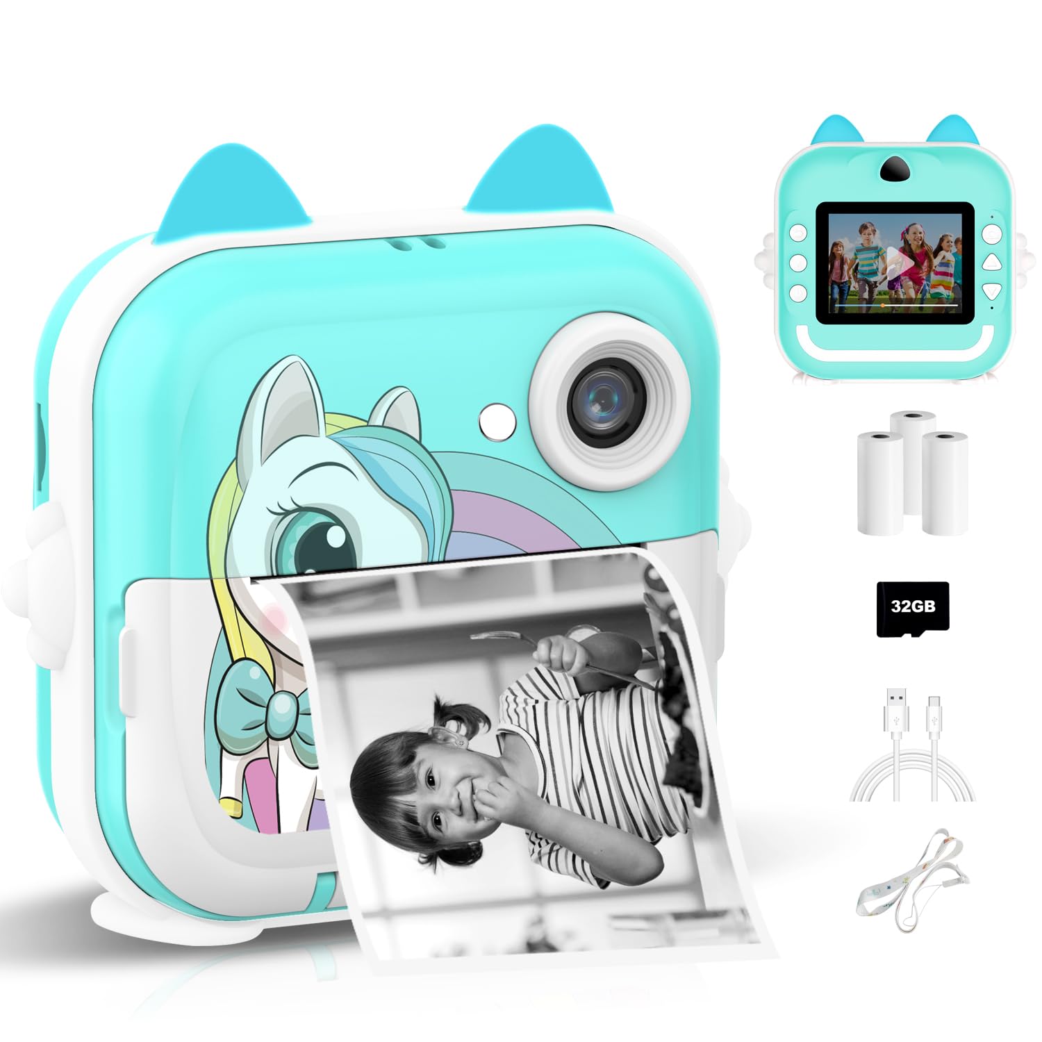 Macchina Fotografica Istantanea per Bambini,2,4 Pollici Digitale Fotocamera Instant Print 1080P HD Videocamera Obiettivo Fotocamera con 32GB Scheda e Carta Fotografica per Stampa，Regalo di Compleanno
