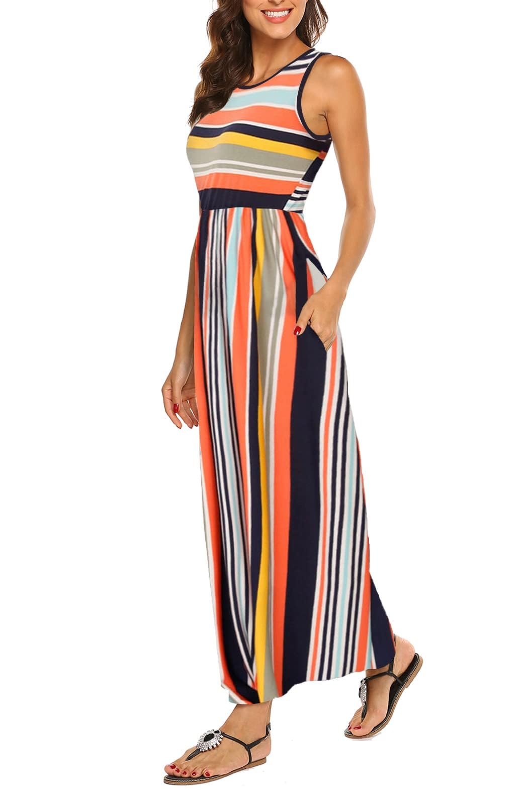 BDTECAOR Maxikleid Damen Sommer Boho Ärmellos Strandkleider Lässige Lange Tank Kleid mit Taschen