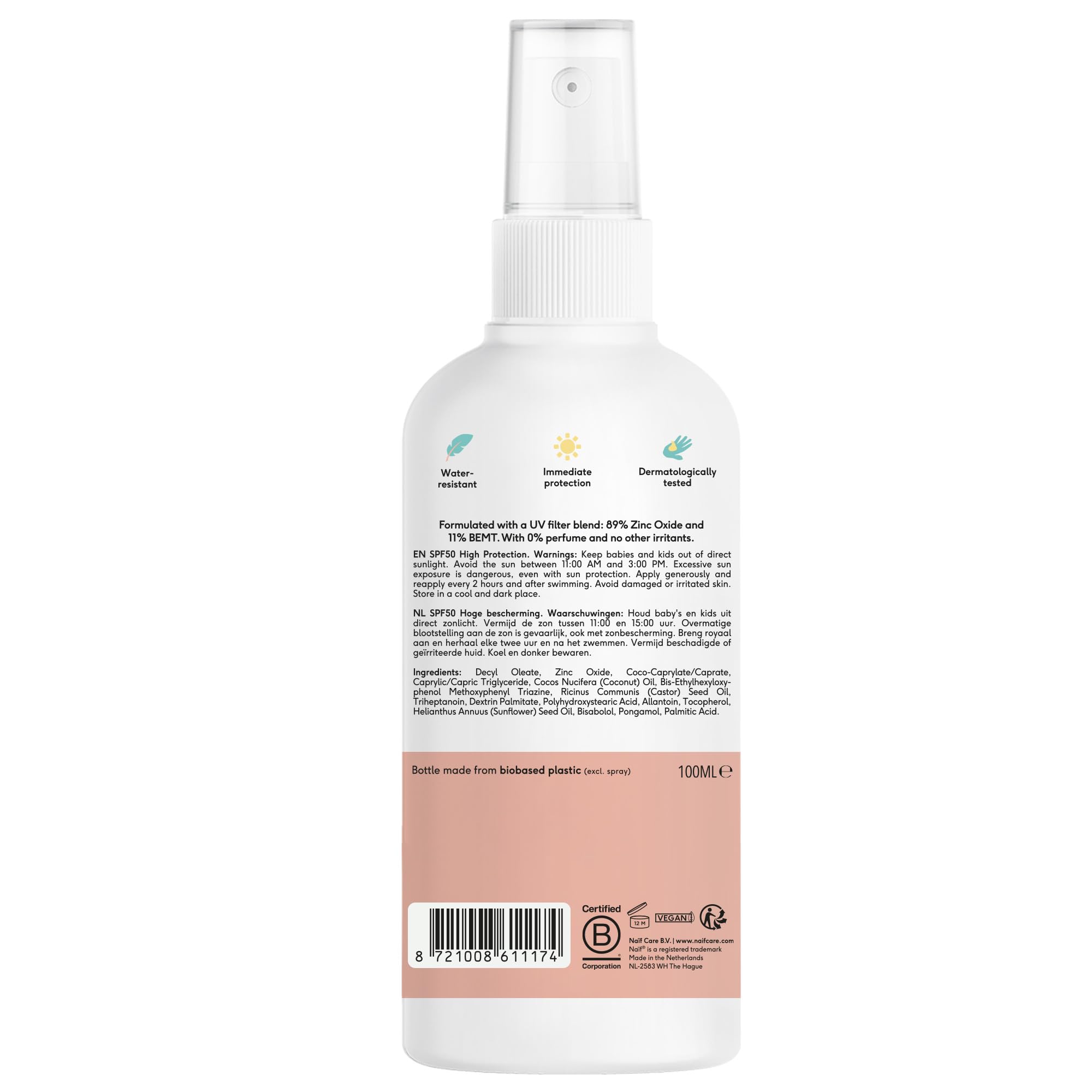 Naïf - Spray Solaire Minéral - pour Bébé & Enfant - 0% Parfum - SPF 50 - Spray sans octocrylène - Protection UVA et UVB - Résistant à l'eau - Testé dermatologiquement - Sans microplastique - 100 ml