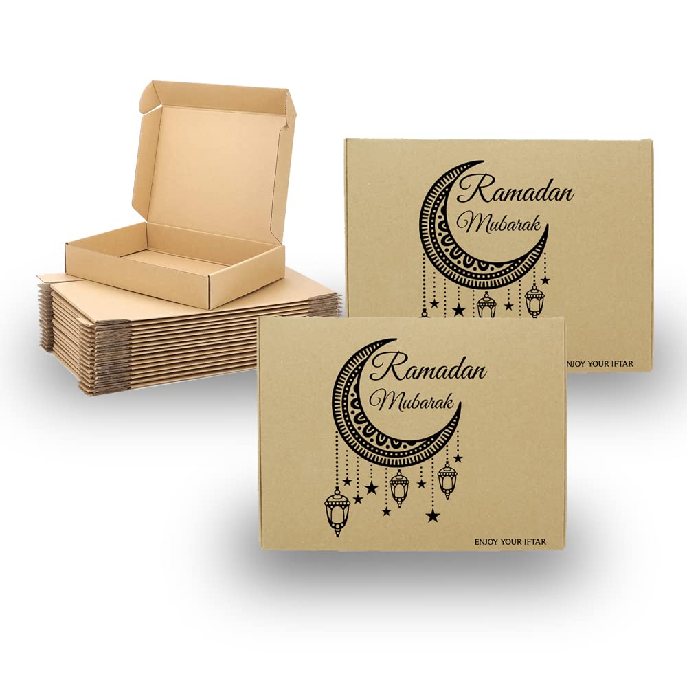 Ramadan Kareem Printed Kraft Paper Food Container Takeout Box | Iftar Snack Box made with Kraft Paper for Meals and Desserts (Pack of 10, Brown Meal Box (Iftar Design))