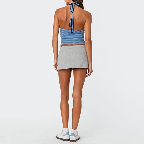 NUFIWI Women Drawstring Micro Skort Y2k Elastic Low Waist Bodycon Mini Skirt Mid Rise Short Sweat Skirts with Shorts(Basic Gray,Large)