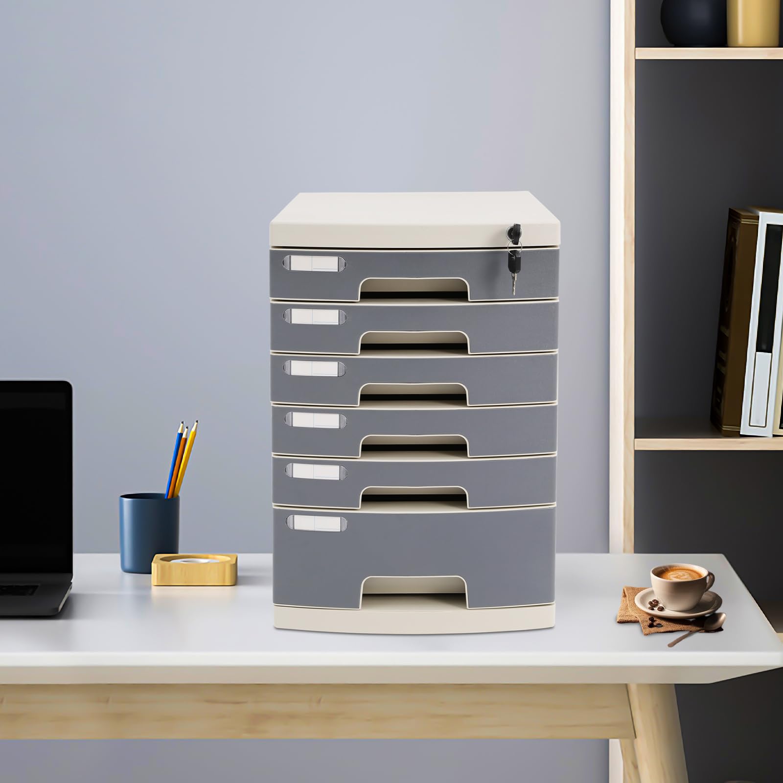 Abschließbarer Schreibtisch-Organizer mit 6 Schubladen, Regal für Dokumente, Akten & Büromaterial, 5kg Tragfähigkeit, Platzsparende Aufbewahrung für Büro, Zuhause, Wohnzimmer & Studentenwohnheim