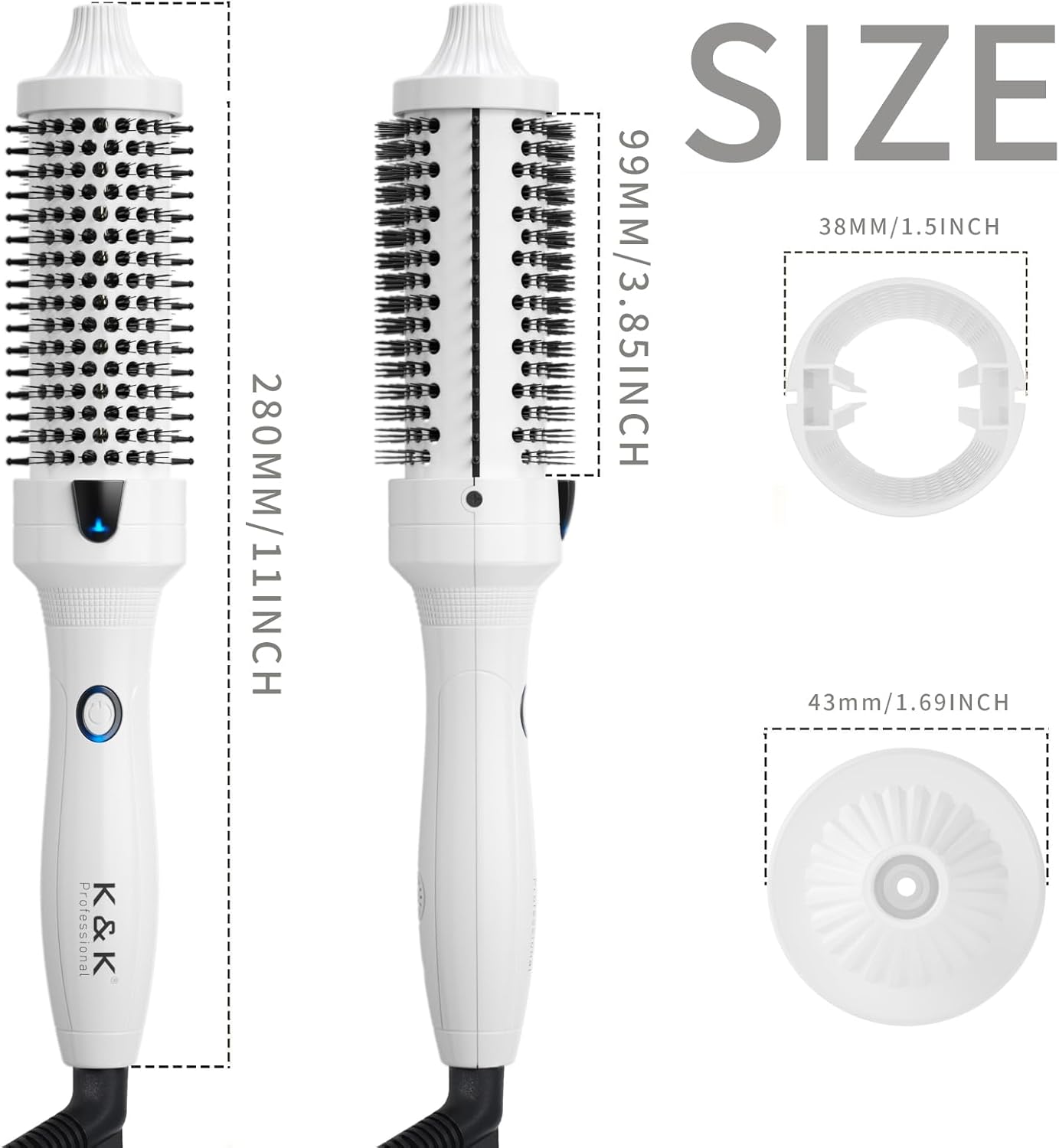 K&K Blowout Boost Thermal Brush, 1.5 inch Heated Round Brush for Blowout Look, Negative Ion Technology, Ceramic Tourmaline, Dual Voltage, White