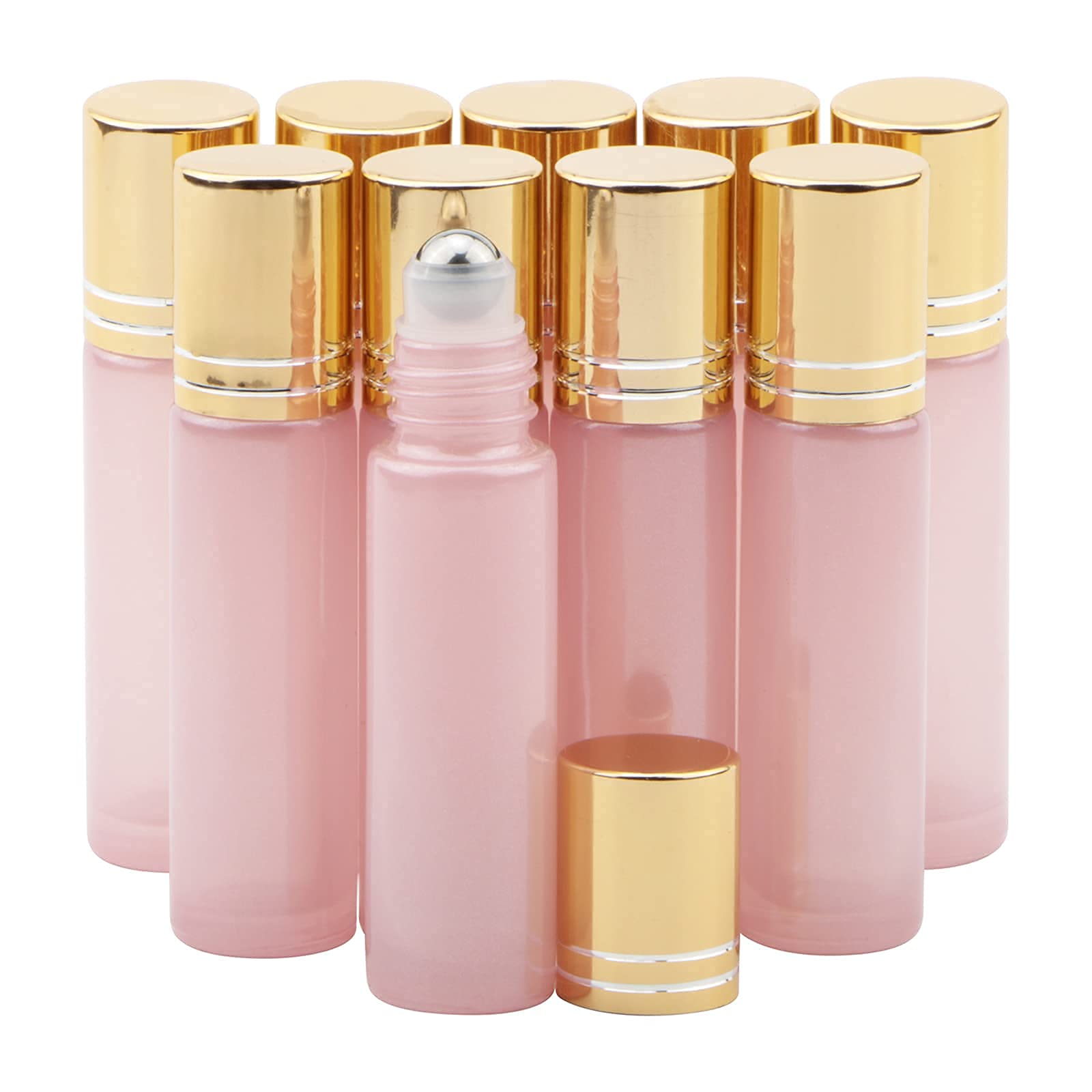 Bottiglie roll-on per oli essenziali, 10 ml, vuote, ricaricabili, in vetro, con tappo dorato, per profumi, aromaterapia, colore: Rosa Perlato