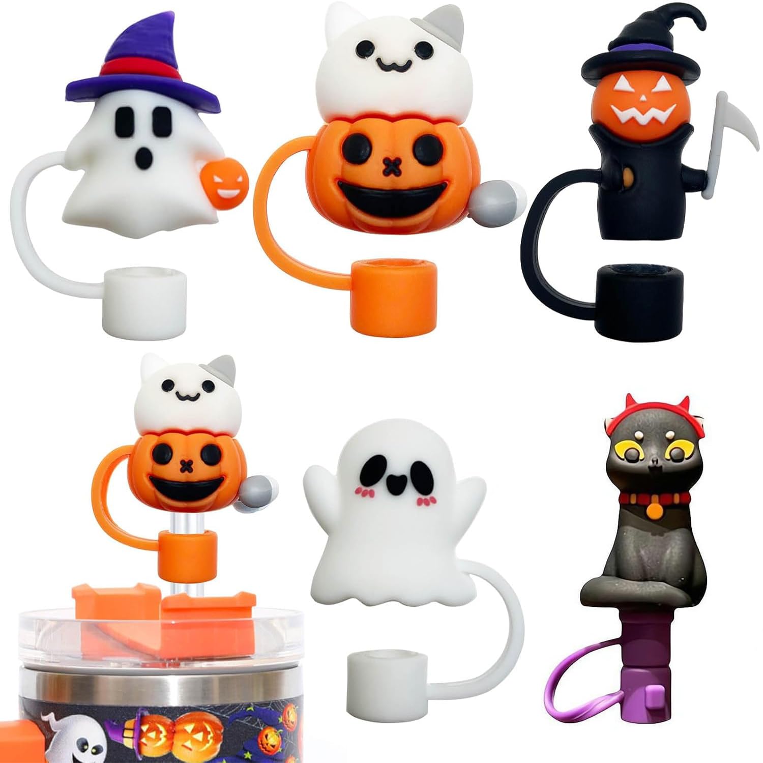 3D Halloween Straw Cover Cap for Stanley Cup,2024 New Cute Ghost Halloween Straw Toppers, Dustproof Silicone Straw Covers, Halloween Stanley Cup Accessories(10mm/5PCS)