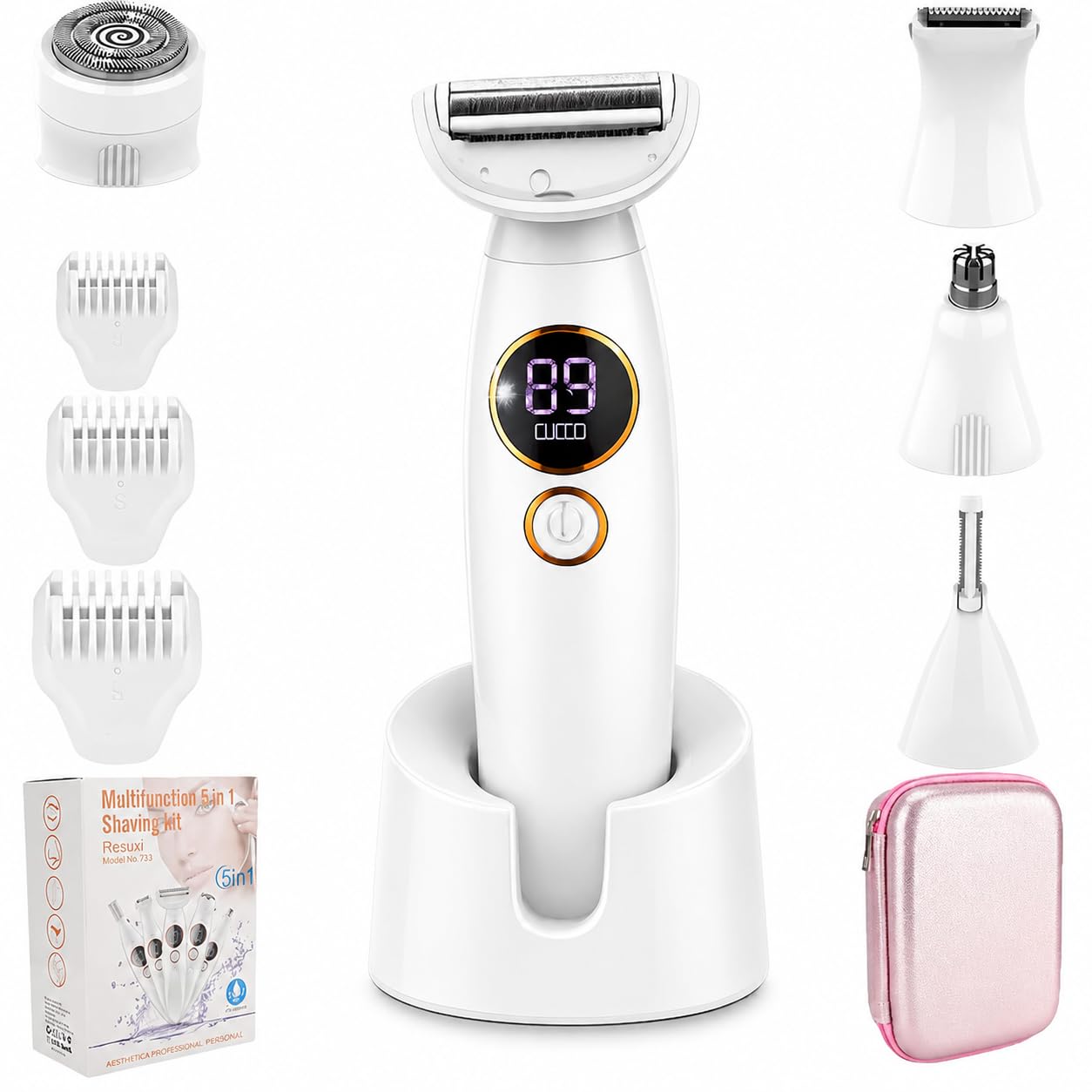 Rasoir Femme 5 En 1 – éTanche Ipx7, Rechargeable Usb, Affichage Led – Pour Maillot, Aisselles, Jambes & Visage – Tondeuse éLectrique Avec 5 Embouts