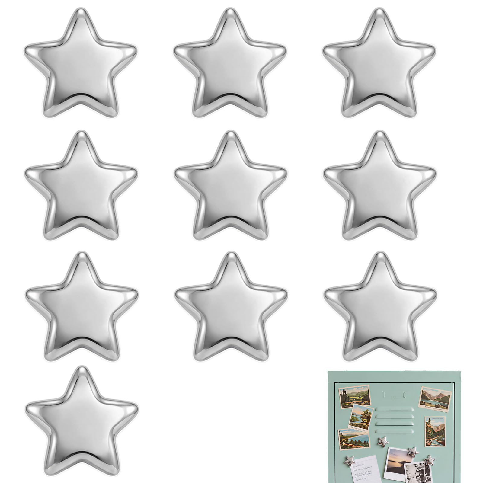 10 Pcs Silver Star Fridge Magnets, for Photos Notes, Kitchen Office Decor