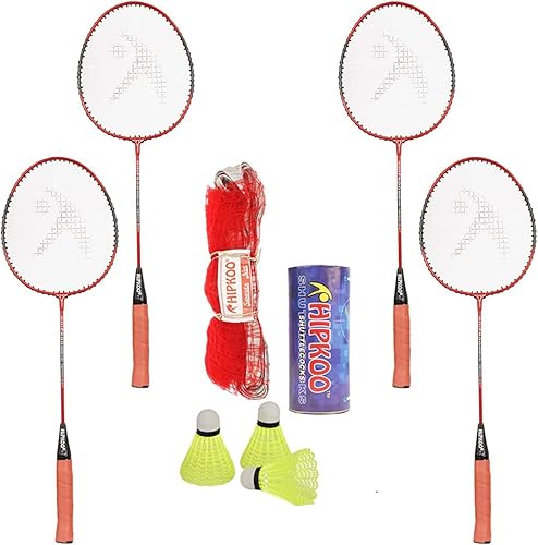 HIPKOO SPORTS Juego de 4 raquetas de bádminton de aluminio estándar para deportes con tapa, 3 lanzaderas y red, ideales para principiantes, ligeras