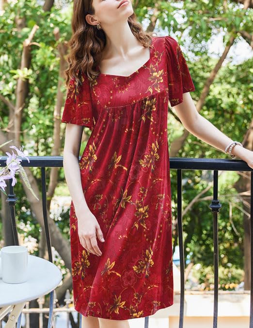 Image of Ekouaer Women's House Dress - Pleated Nightgown with Short Sleeves & Pockets