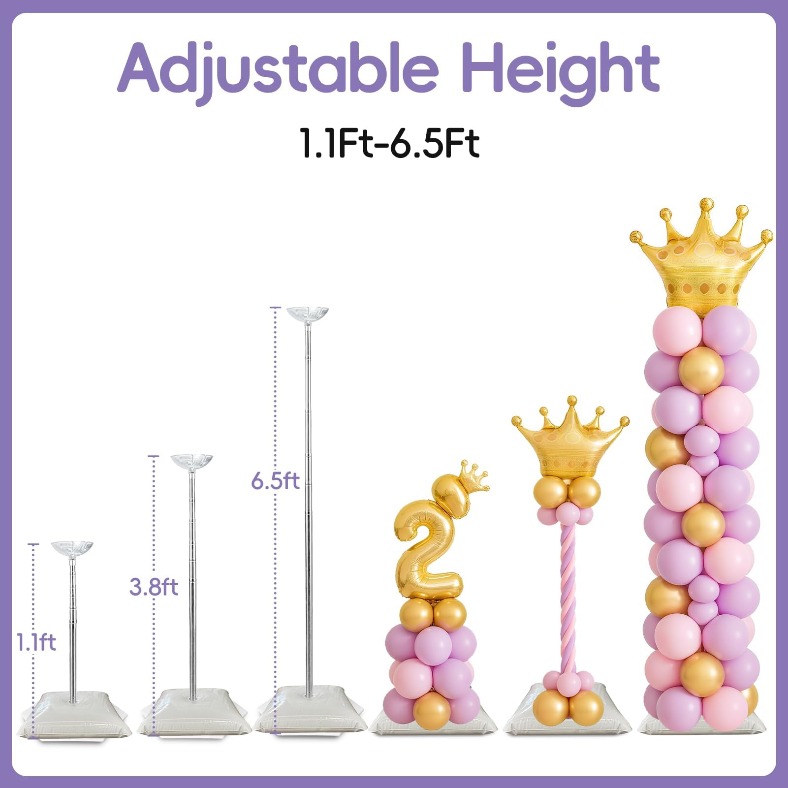 Kit di 4 supporti per palloncini a colonna telescopica regolabile da 2 m, in metallo, con basi a pavimento e kit arco riutilizzabile per compleanni, matrimoni, baby shower, lauree, feste di Halloween