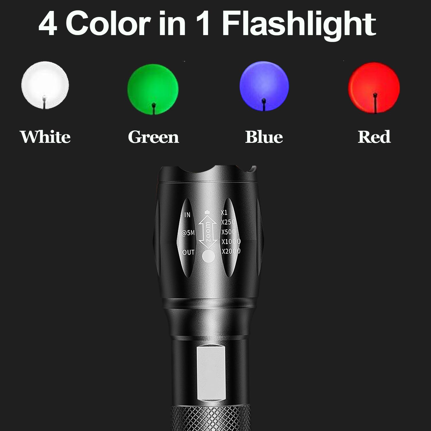 MVIOCS LED Red Flashlight Rechargeable, Zoomable, Waterproof, Powerful, 4 Color in 1 LED Green Light, Blue Light - Image 3