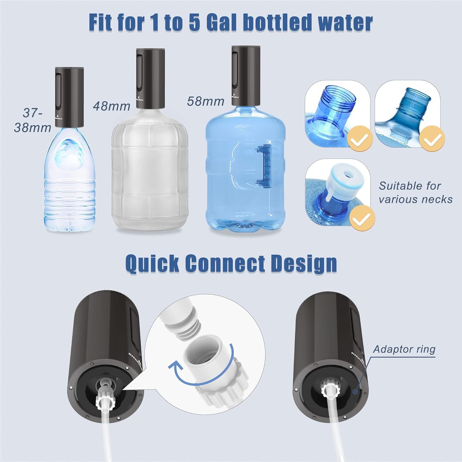 KitchenBoss Pompe Distributeur d'Eau Électrique USB Type-C pour Bouteilles 3.8-18.9 L Noir